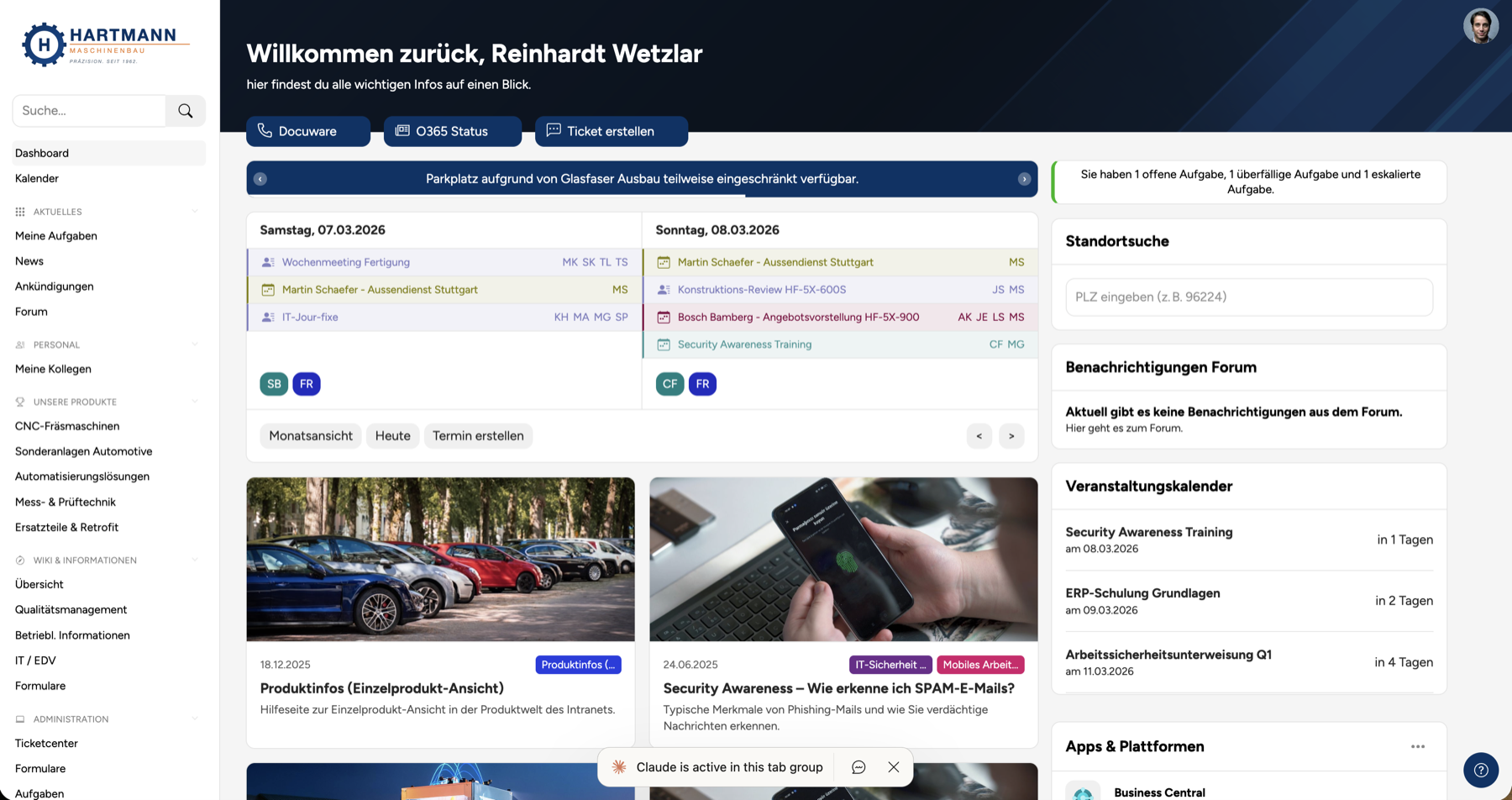 MySyde Intranet Dashboard mit News, Kalender und App-Integrationen