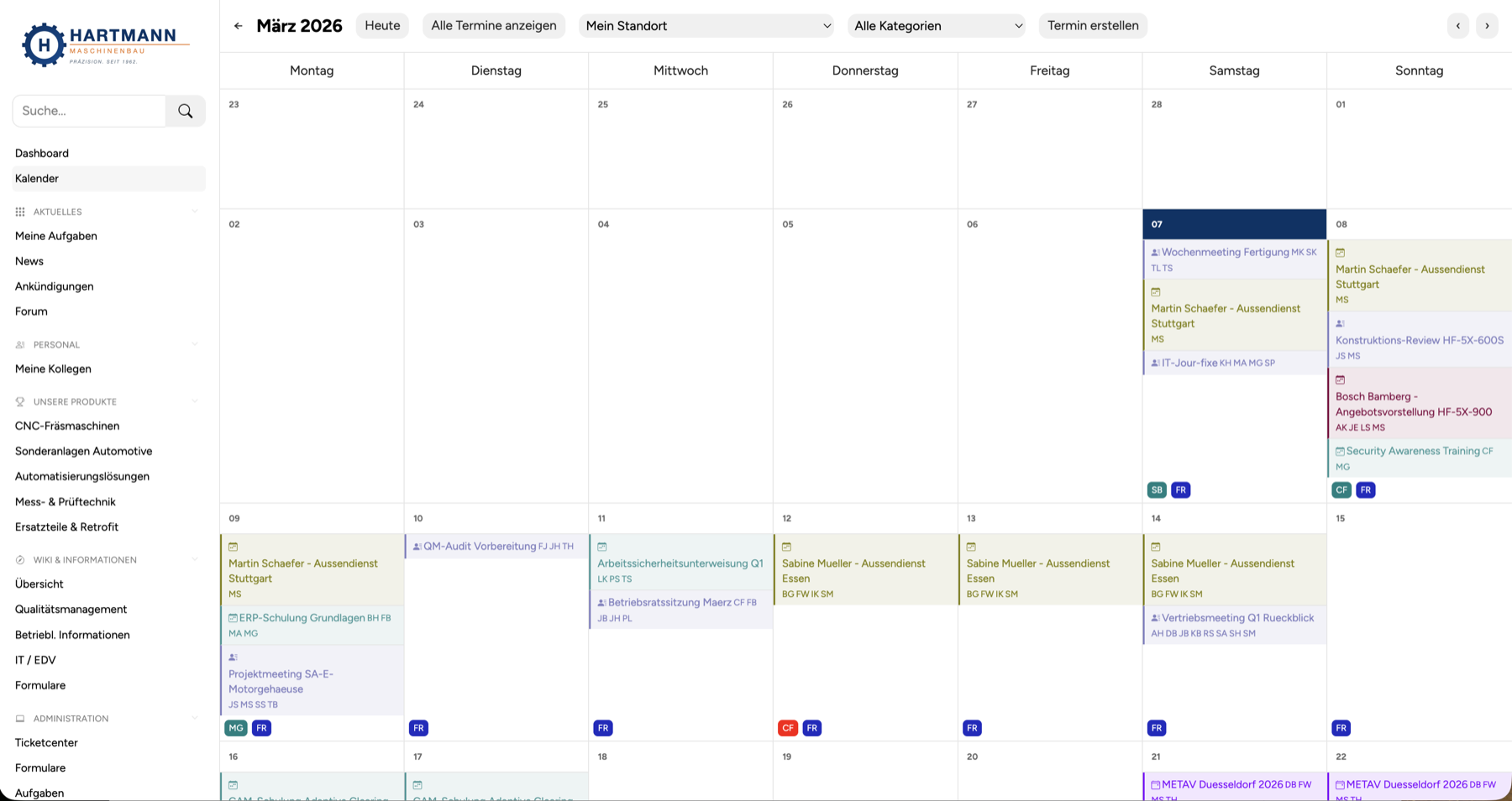MySyde Intranet Kalender mit Monatsansicht, Abwesenheiten und Kategoriefilter