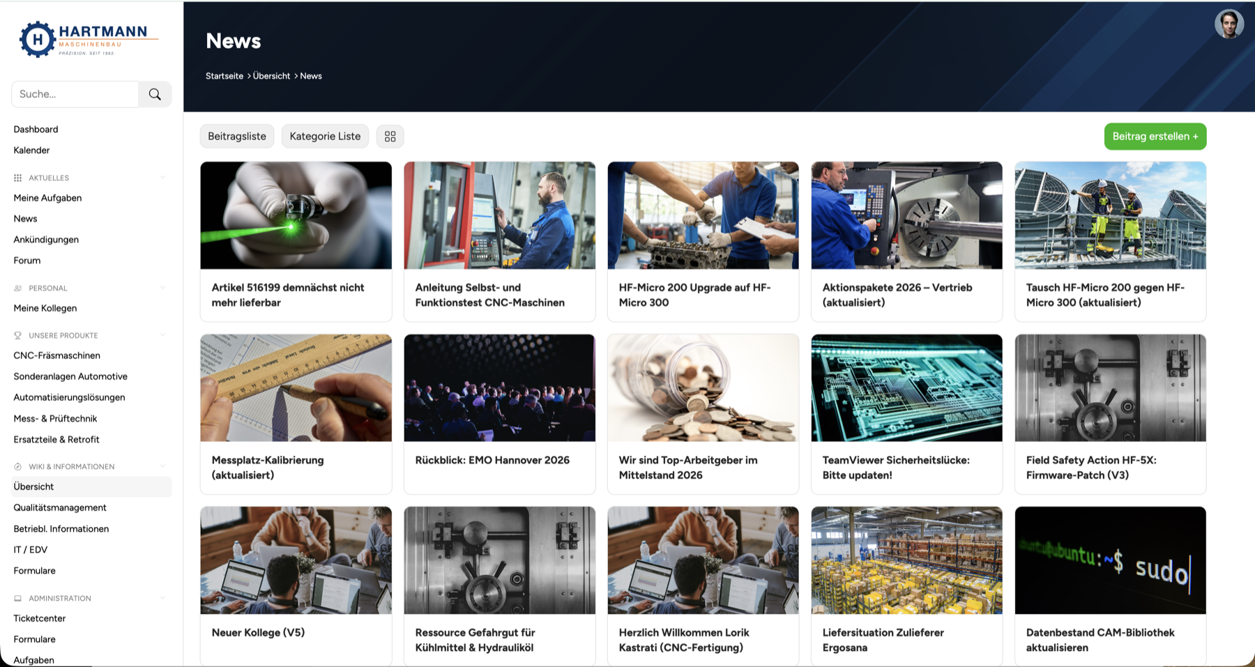 MySyde Intranet News-Bereich mit Artikeln, Kategorien und Lesebestätigung